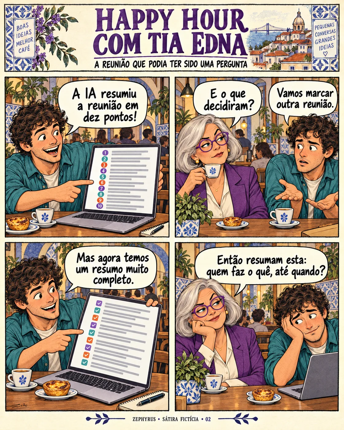 Banda desenhada fictícia: a Tia Edna pergunta o que decidiram numa reunião resumida por IA; o programador responde que marcaram outra reunião.