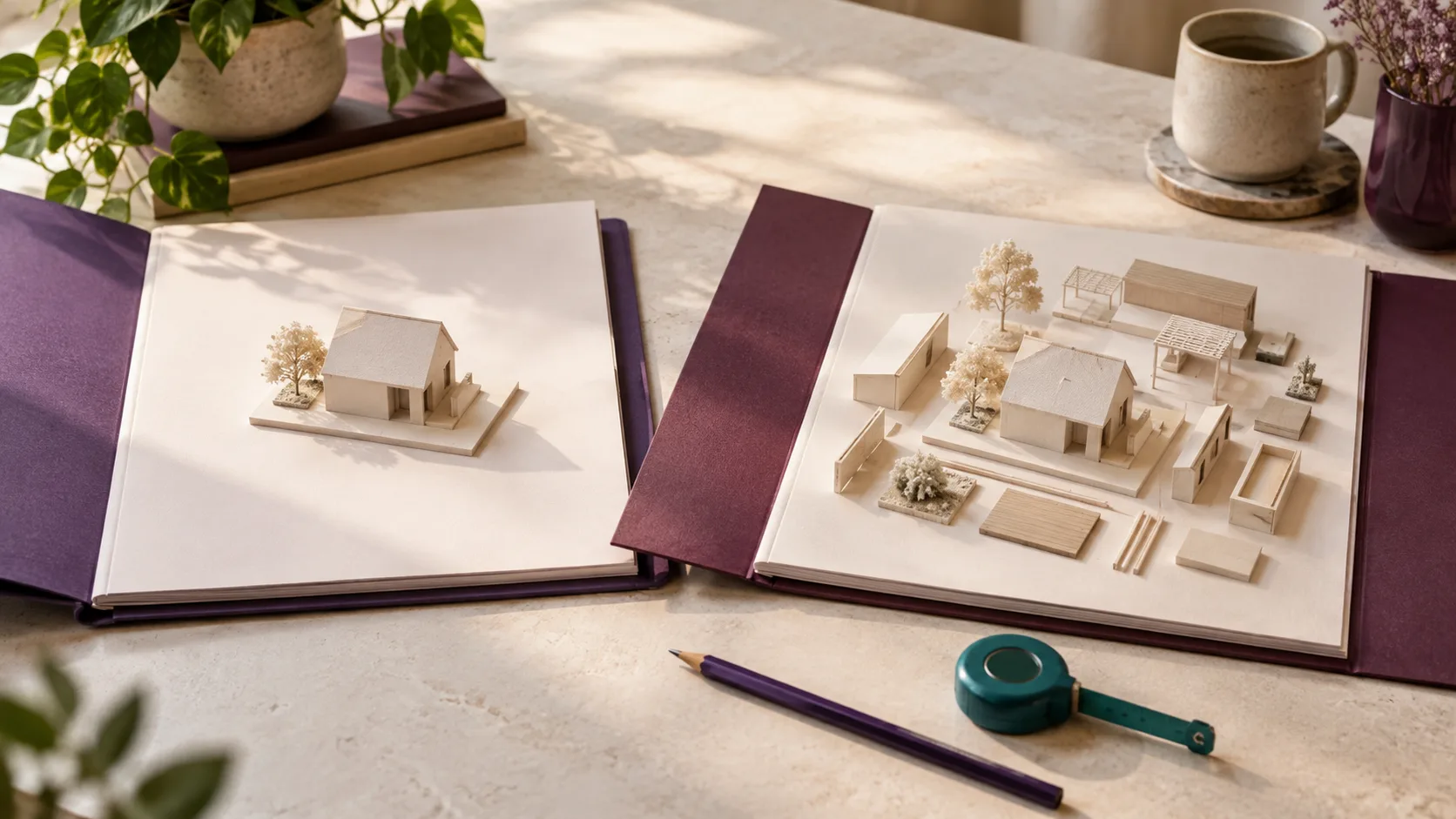 Two open folders hold similar models with different additional components on a light worktable with violet and teal accents.