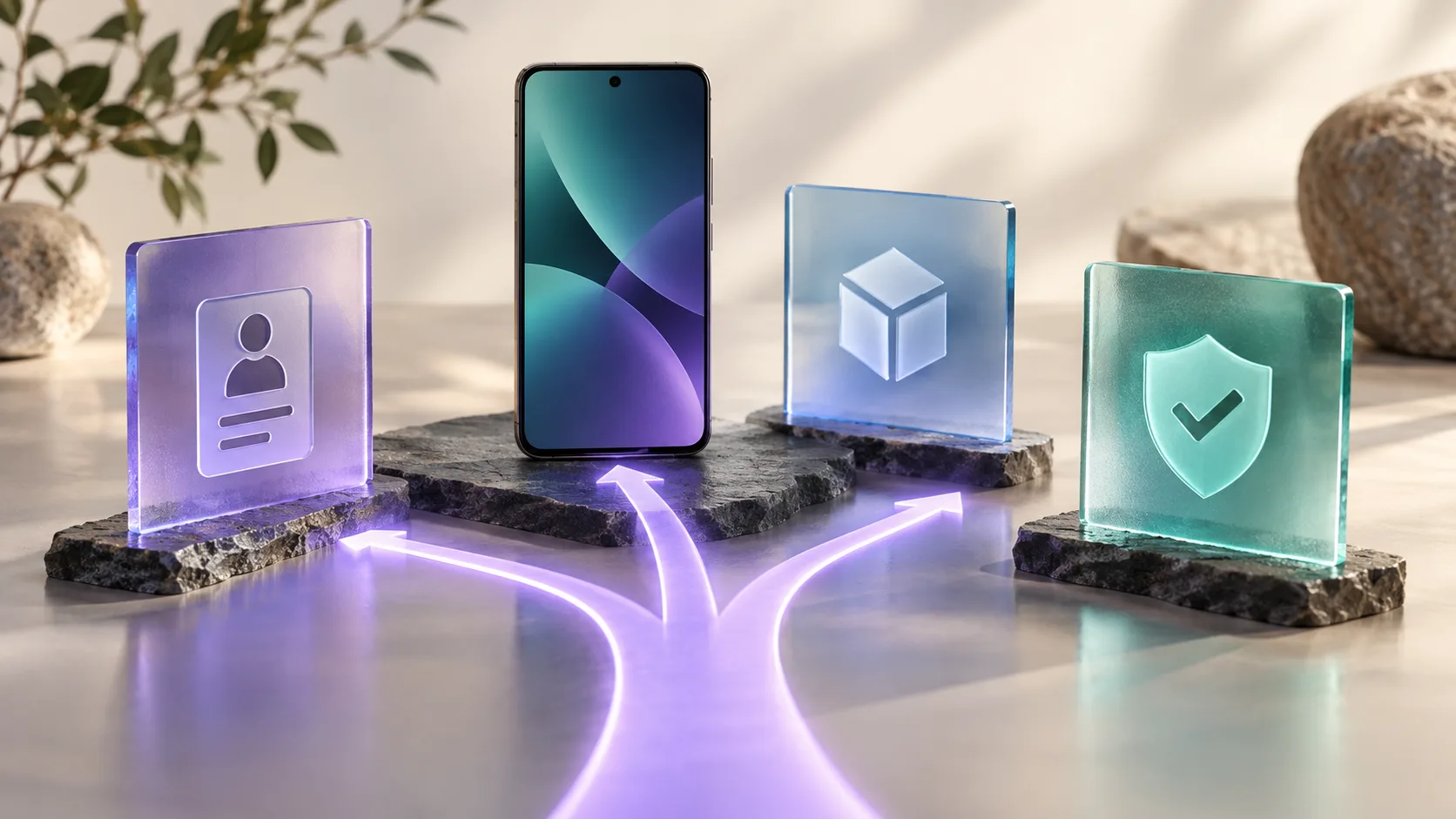 Conceptual illustration of a smartphone beside separate identity, app and security symbols, connected by branching violet light.