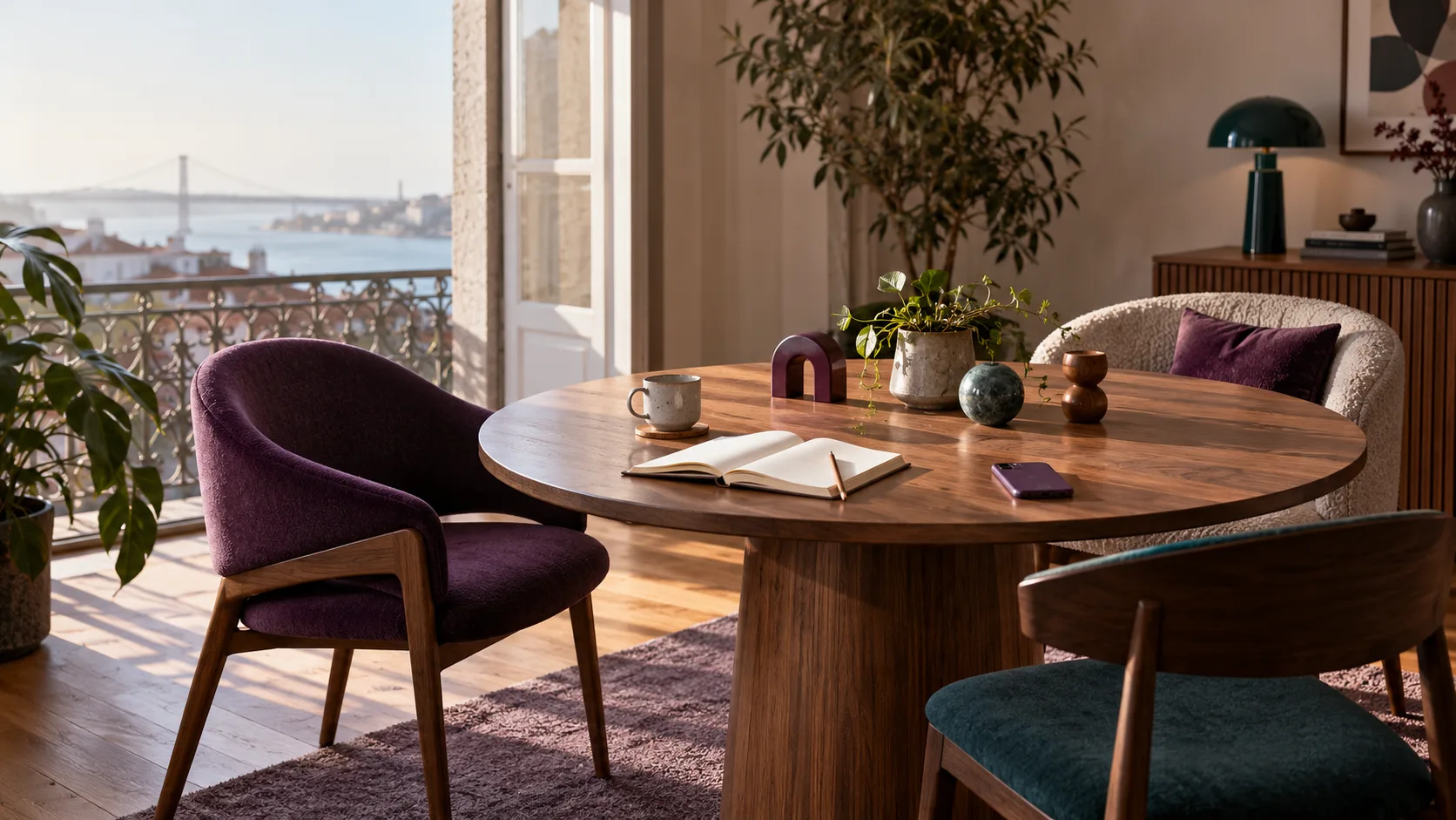 A quiet design table with three different chairs, a blank notebook and a phone placed face down, inviting different perspectives into product decisions.