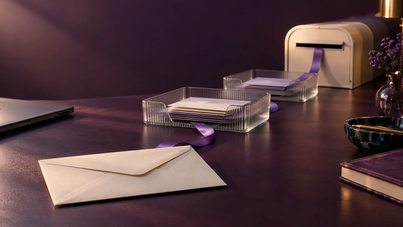 Conceptual still life of a paper envelope and separate mail-sorting stages on a violet desk, illustrating the journey between sending and receiving.