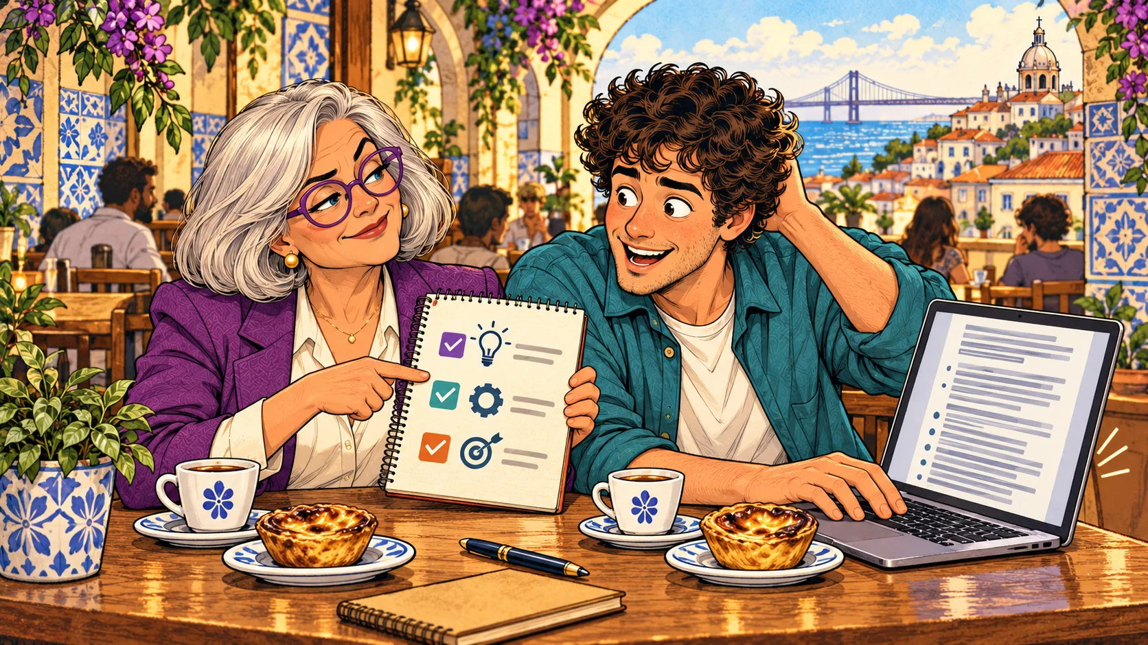 Aunt Edna and a developer turn a long meeting summary into a short action list over coffee. Original fictional illustration.