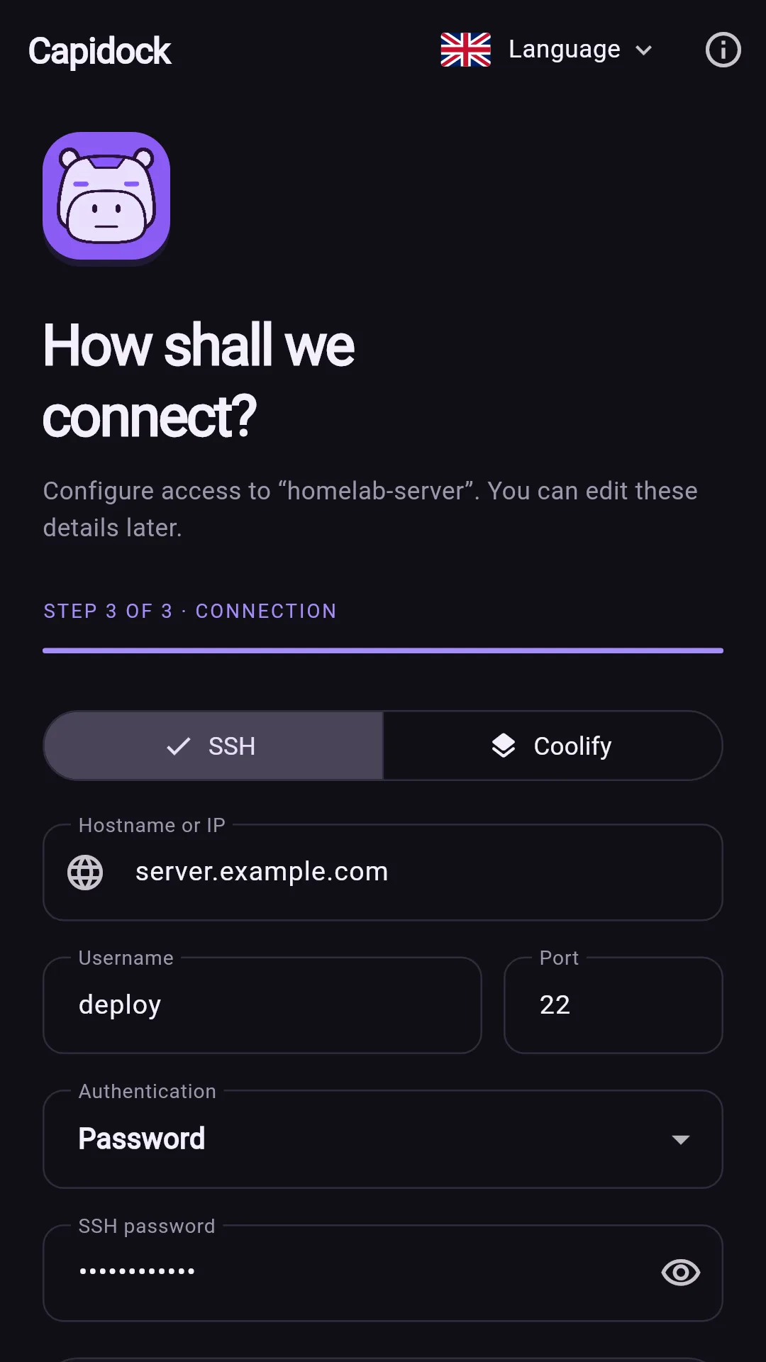 SSH connection setup in Capidock with hostname, user, port and authentication.