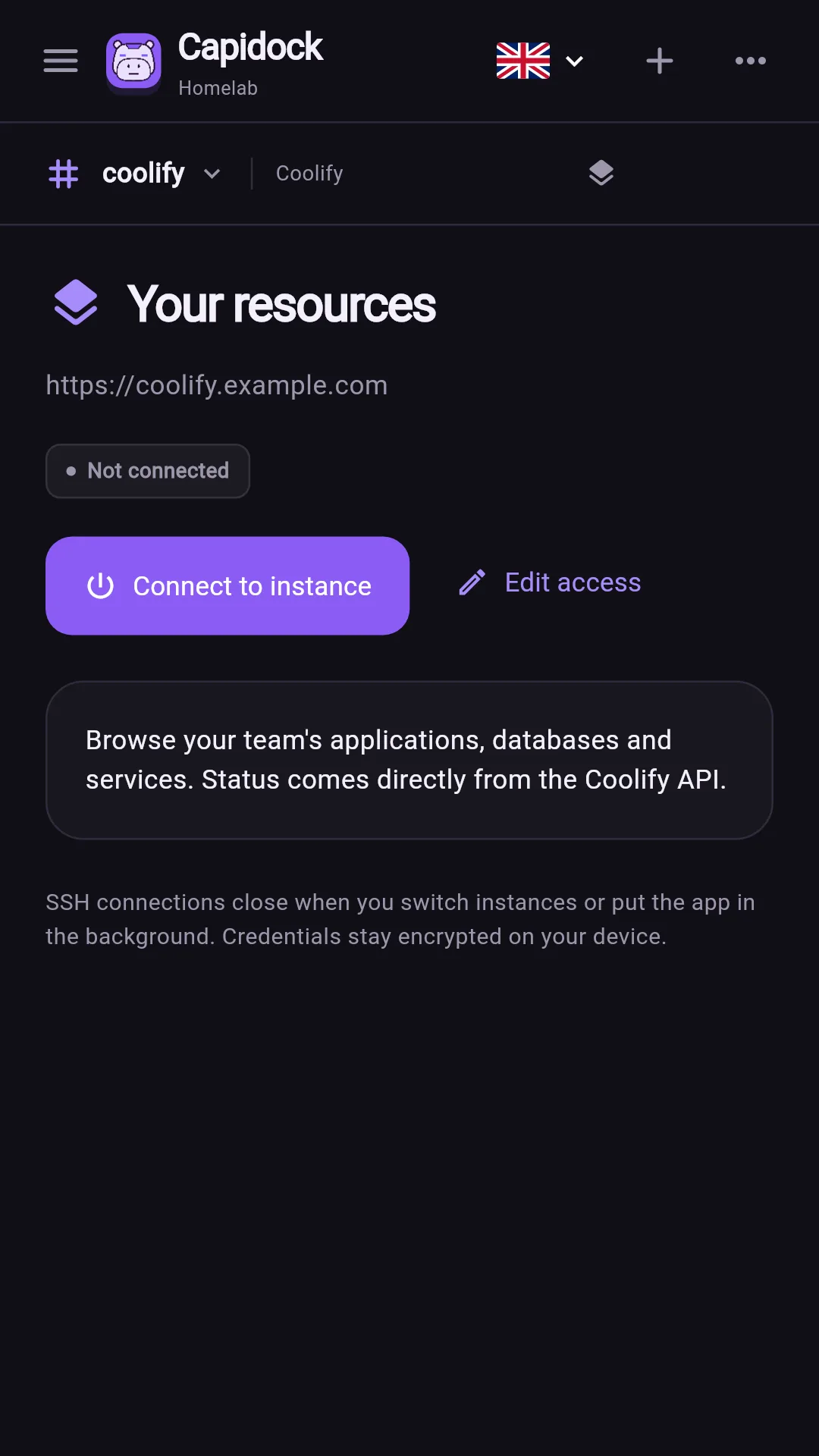 Capidock connection screen for a Coolify instance.