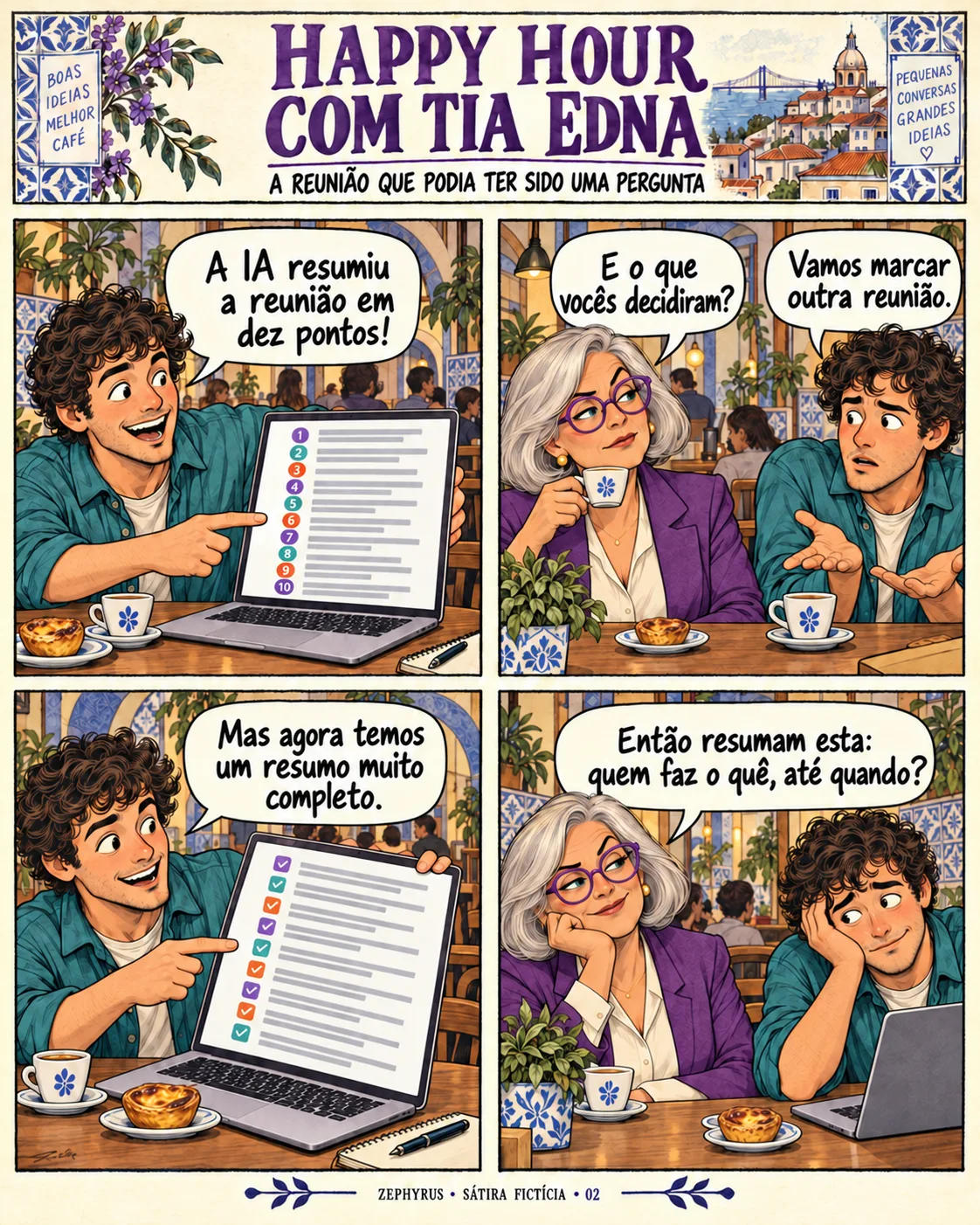 HQ fictícia: a Tia Edna pergunta o que decidiram em uma reunião resumida por IA; o desenvolvedor responde que marcaram outra reunião.