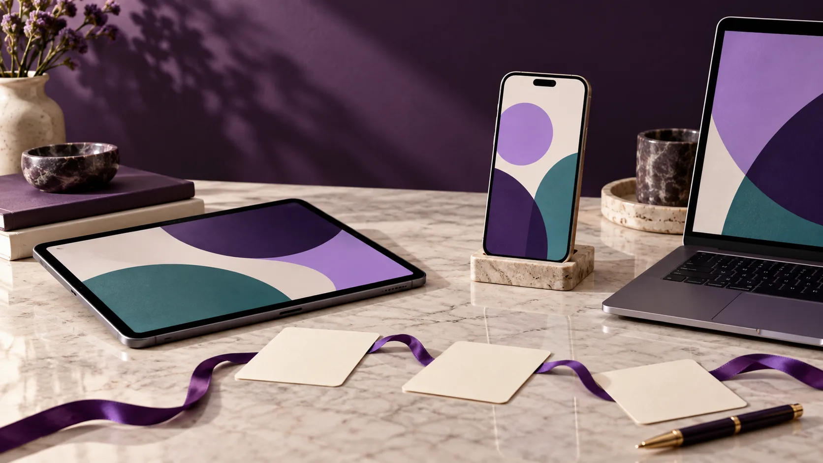 Conceptual arrangement of a phone, tablet and laptop with abstract interfaces and blank planning cards, representing different ways to deliver a digital product.