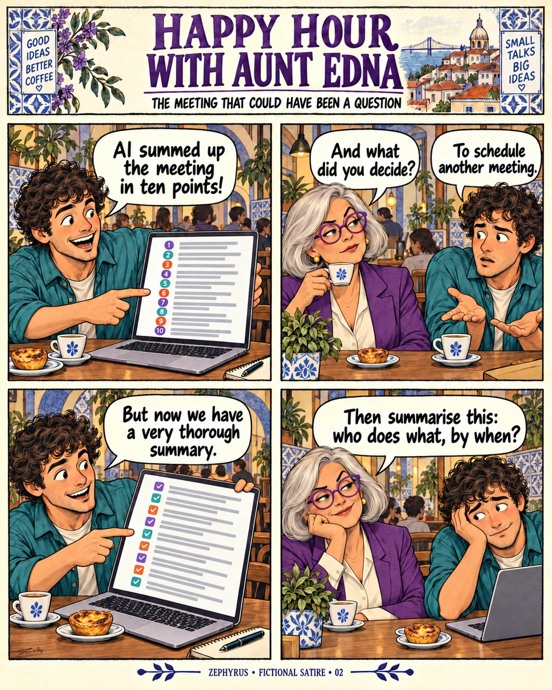 Aunt Edna asks what a meeting decided after an AI summary; the developer admits they scheduled another meeting. Fictional four-panel comic.