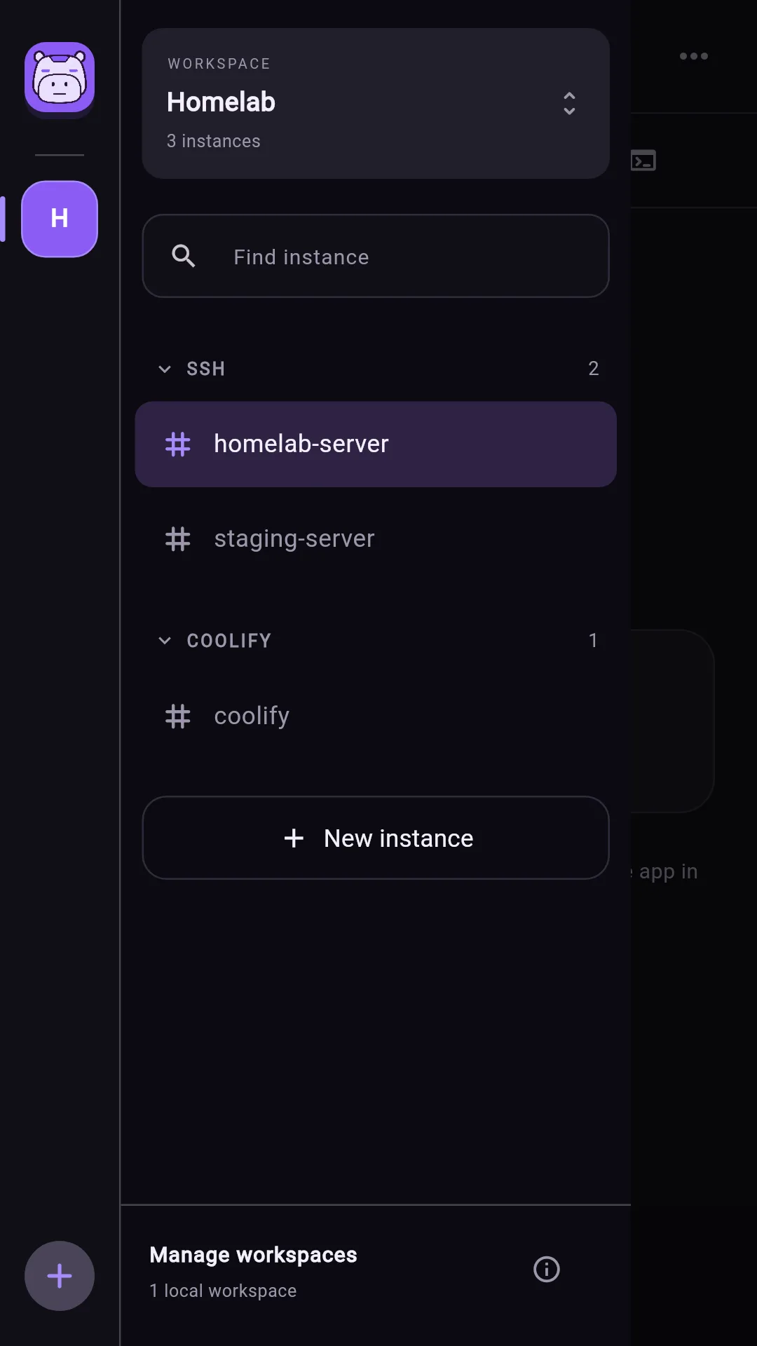 SSH and Coolify instances organised inside a Capidock workspace.