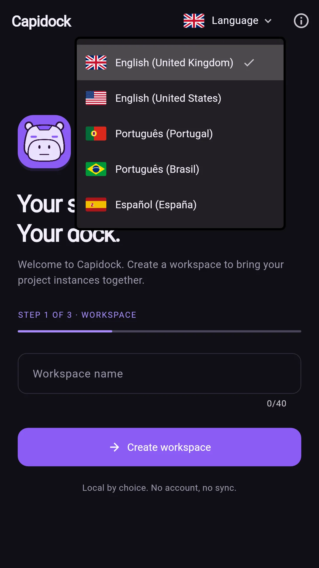 Capidock language menu showing five regional language options.