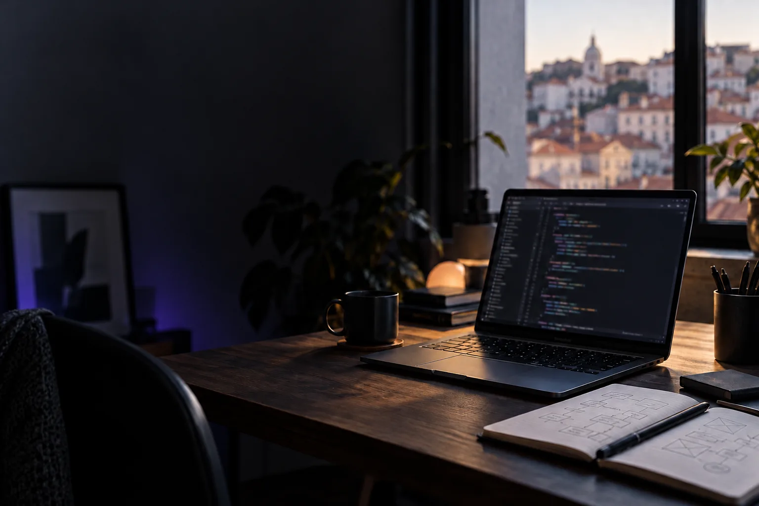 Editorial illustration of a software maker’s desk with a laptop and notebook overlooking a Portuguese city.