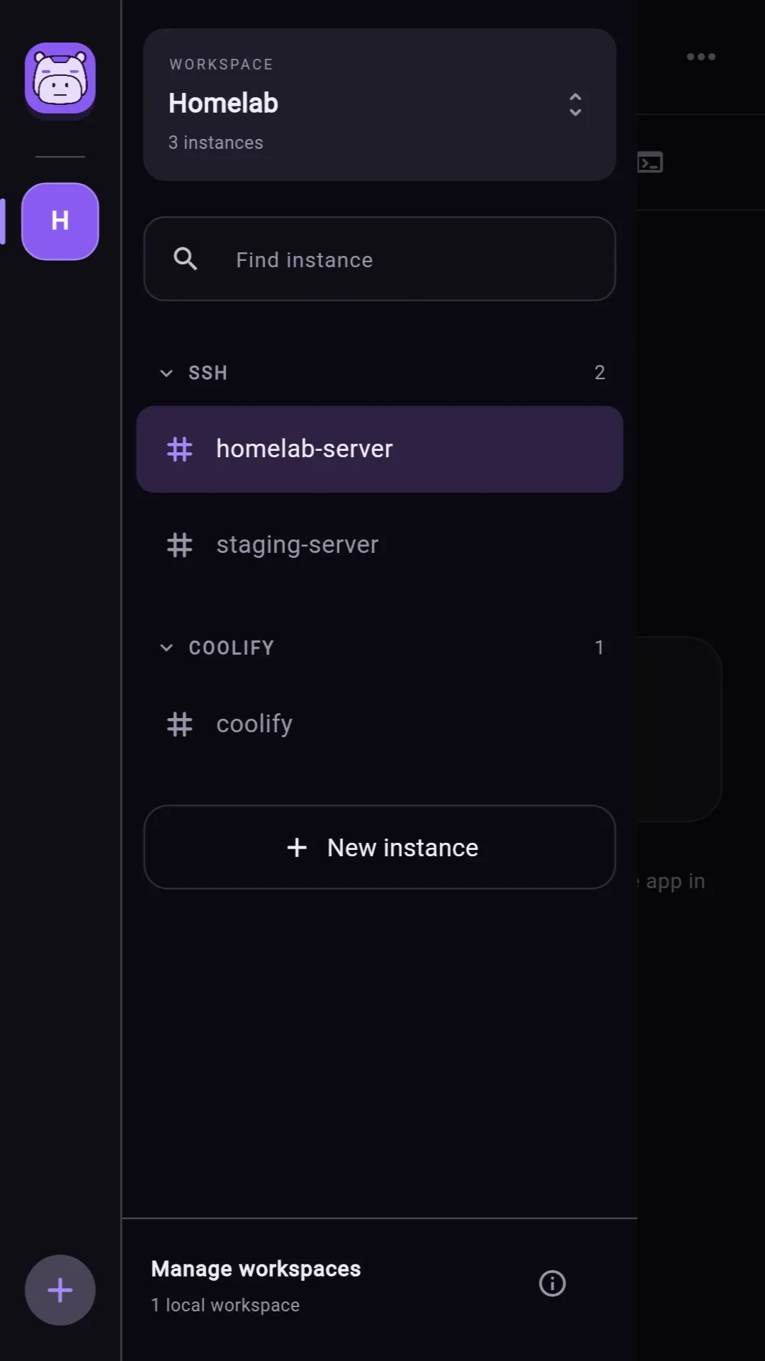 Real Capidock screenshot showing its app icon, SSH servers and a Coolify instance organised in the Homelab workspace.