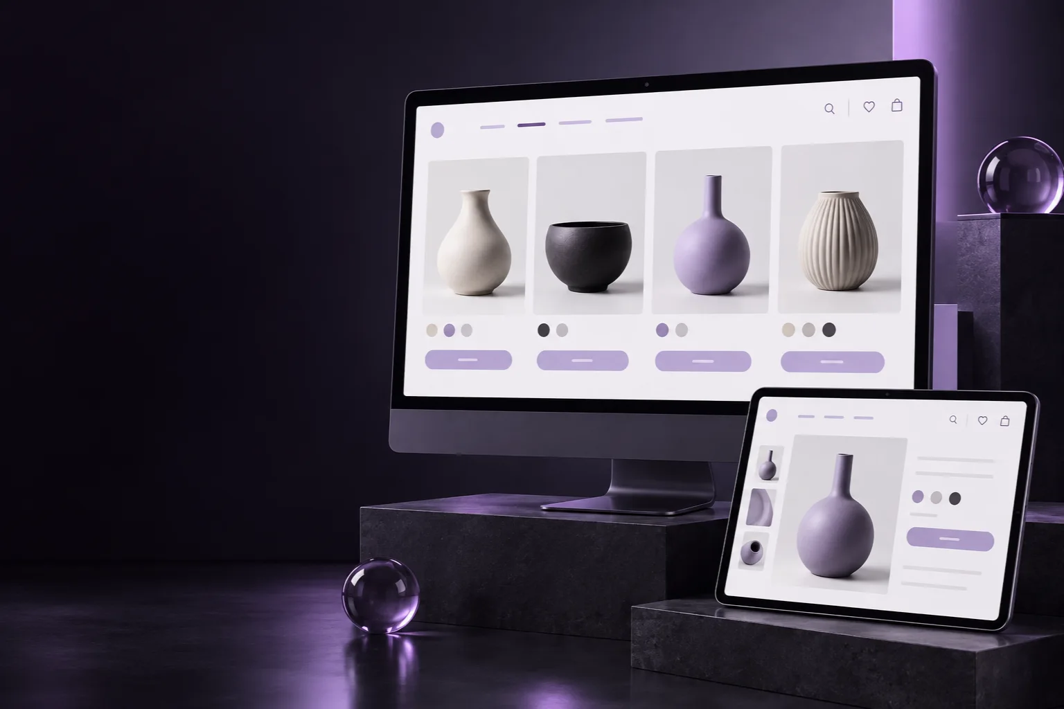 Conceptual ceramics storefront and product page shown on a desktop display and tablet.
