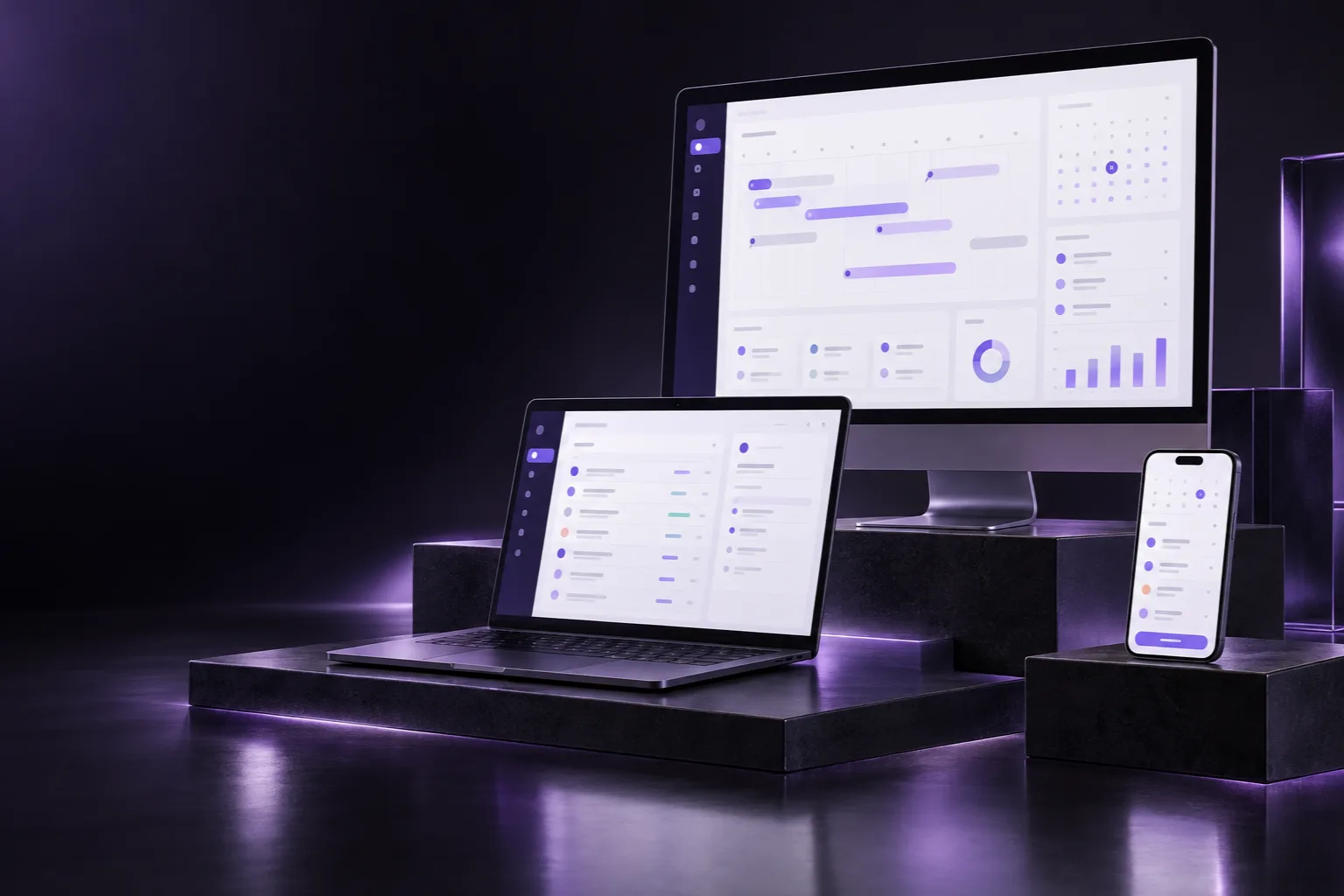 Conceptual composition of mobile, desktop and web experiences on devices with demonstration interfaces.